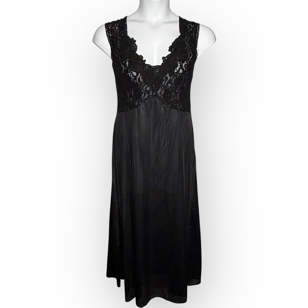 Vintage Elegant Black Lace Nightgown Dress Stretch Nylon made‎ in USA